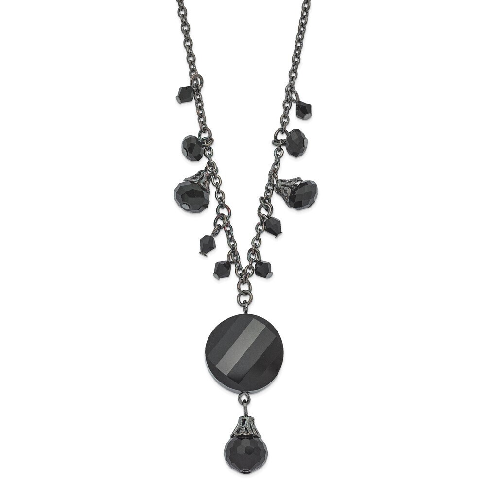 1928 Black-plated Jet Black Faceted Glass Dangle Beads 16"Necklace with 3" ext